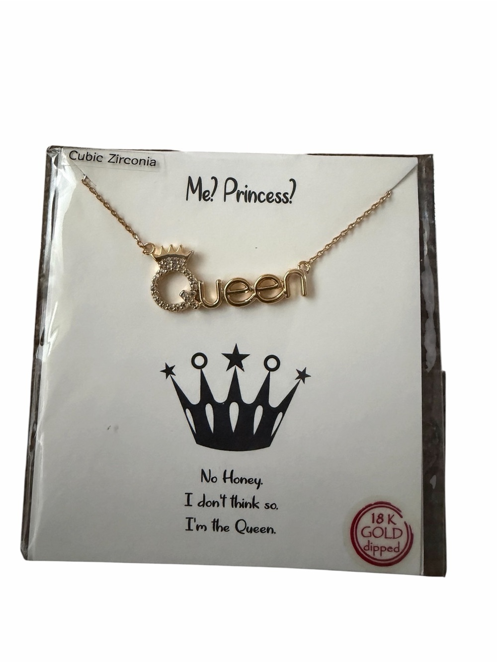 Queen Script Necklace - 18 K Gold Dipped Brass Cubic Zirconia